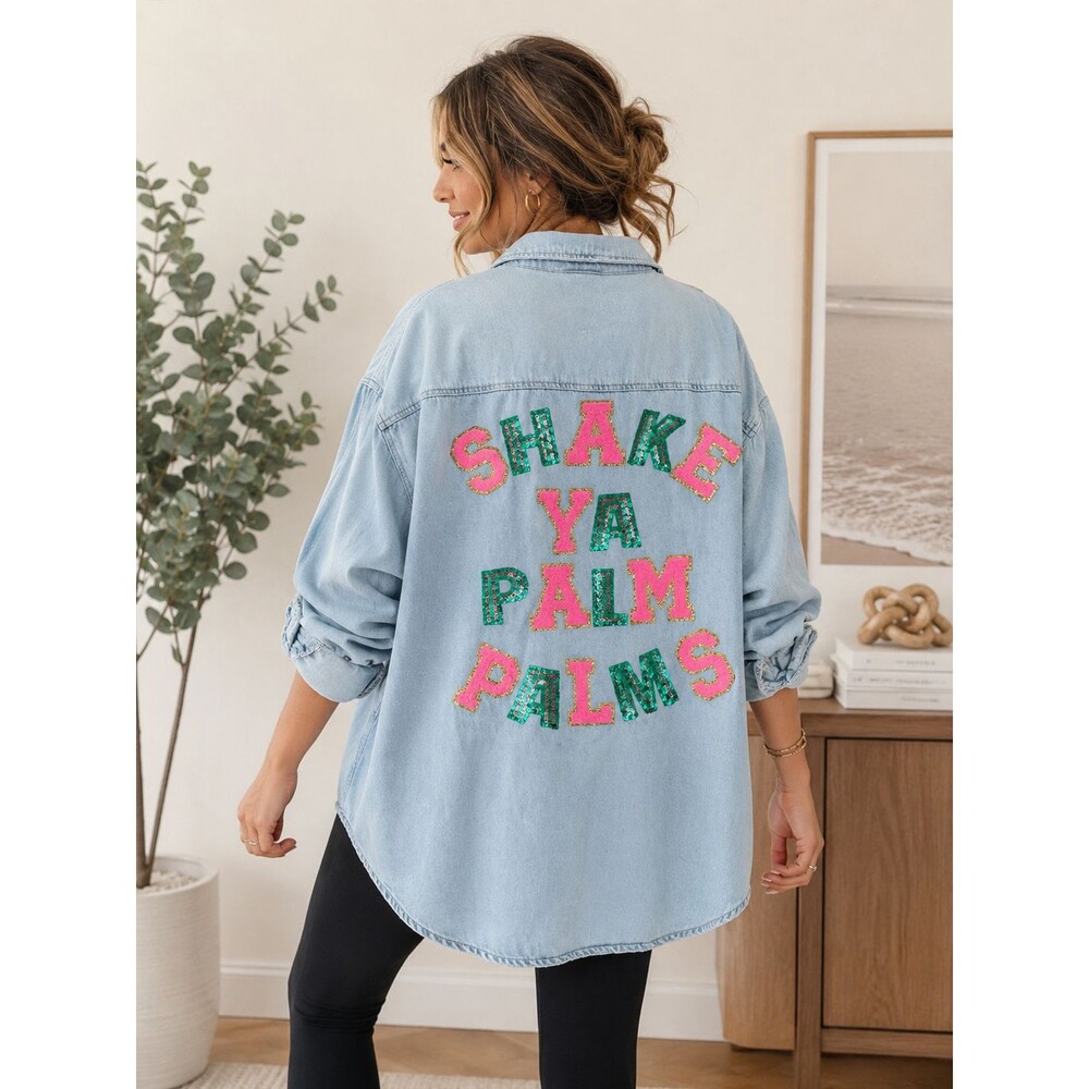 Judith March NWT Oversized Denim Shirt Medium Shake Ya Palm Palms Button Down